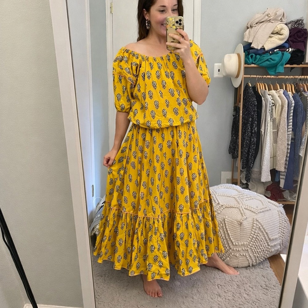 RHODE Frida Floral Print Cotton Voile Off Shoulder Tiered Midi Dress
